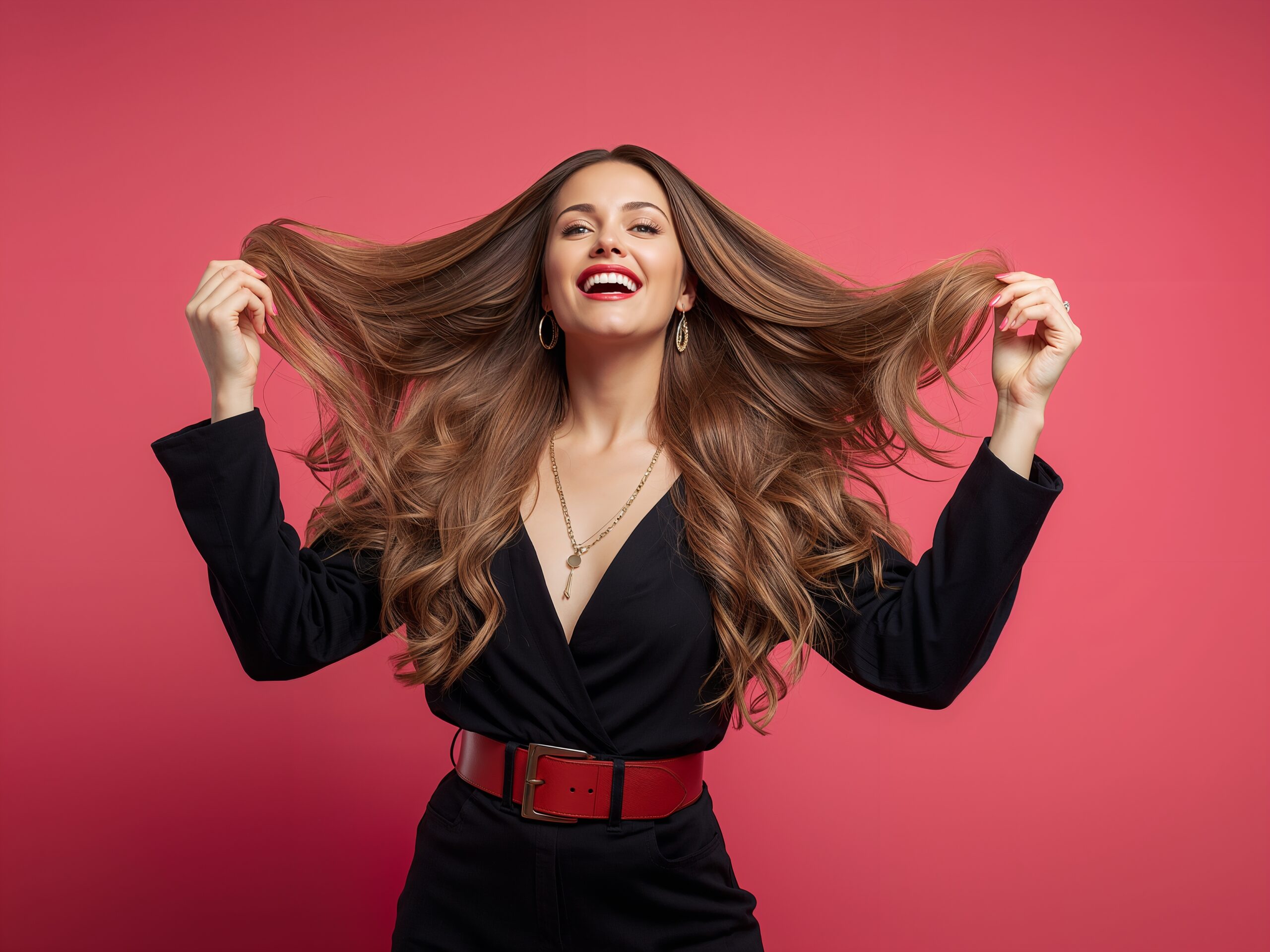 Modelka po laminacji włosów, która używa wody lamelarnej w domu.